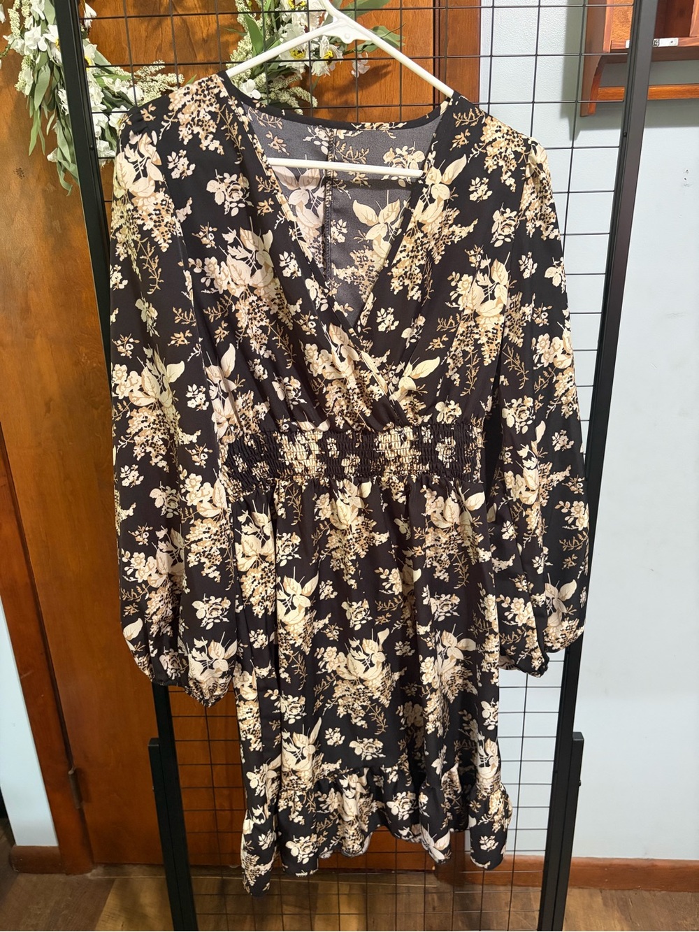 SHEIN Black Floral Wrap-Style Long Sleeve Dress